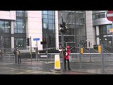 Wind lashes Leeds city centre as a storm front hits the UK