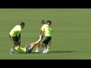 World Cup 2014 -  Neymar & Marcelo Drag Fred Across The Brazil Training Pitch
