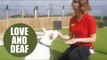 A dog and volunteer communicate using sign language