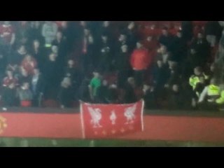 Liverpool Fans Sitting In Manchester United Home Section Unfurl Flag After Goal Resorting In Fights