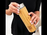 [- Bamboo Vacuum Insulated Bottle | Thermos with Tea Infuser & Strainer | BPA Free Stainless St