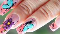 Decoracion de uñas mariposas y flores facil - Butterfly and flower nail art