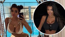 Chloe Khan threatens to spill out of her plunging bikini top as she poses up a storm in a sizzling poolside snap