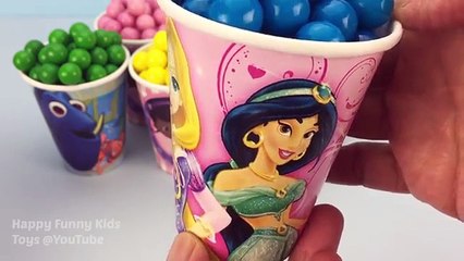 Play and Learn Colors with Gumballs Surprise Toys Finding Dory Disney Princess Tiana Rapunzel Belle