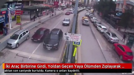İki Araç Birbirine Girdi, Yoldan Geçen Yaya Ölümden Zıplayarak Kurtuldu. O Anlar Kamerada