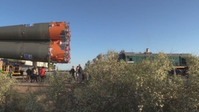 Soyuz rocket transported to its launch pad in Baikonur