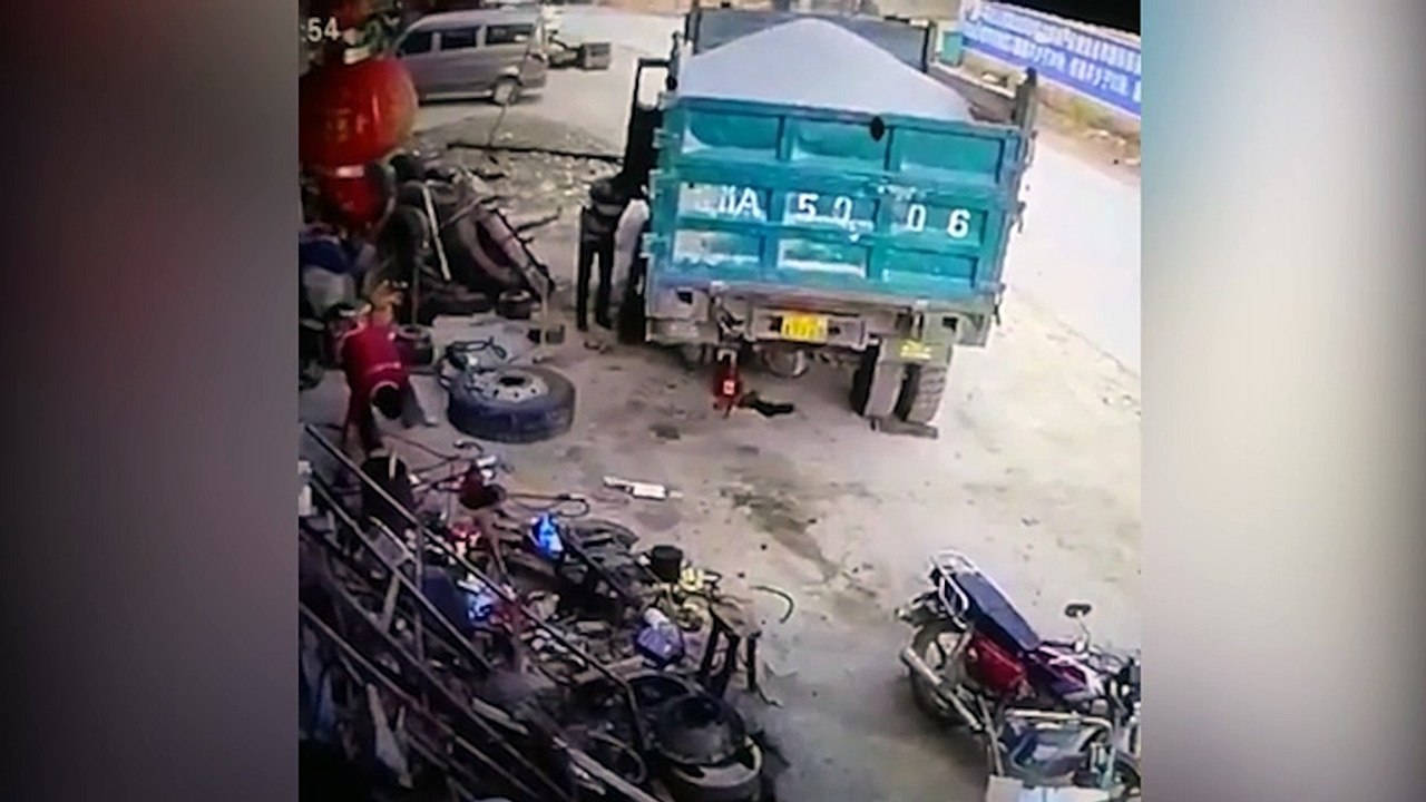 Tyre explosion blasts mechanic into the air