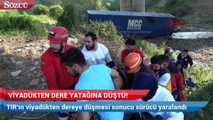 Yoldan çıkan TIR viyadükten dereye düştü