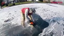 The brothers were surprised when they came across a pike eating a bass frozen in ice. They grabbed a chainsaw and pulled out dramatic scene to take a closer loo