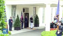 U.S. President Donald Trump welcomes Japanese Prime Minister Shinzo Abe at the White House Thursday.