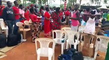Pilgrims at the Mamre International Center in Namugongo abandon worship to dance to Kadodi to welcome the priests led by Bishop Jacinto Kibuuka as he begins ser