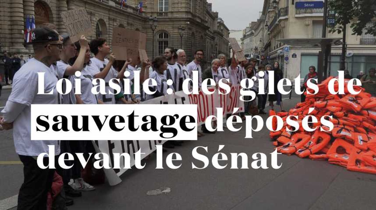 Loi asile et immigration : une montagne de gilets de sauvetage déposée devant le Sénat