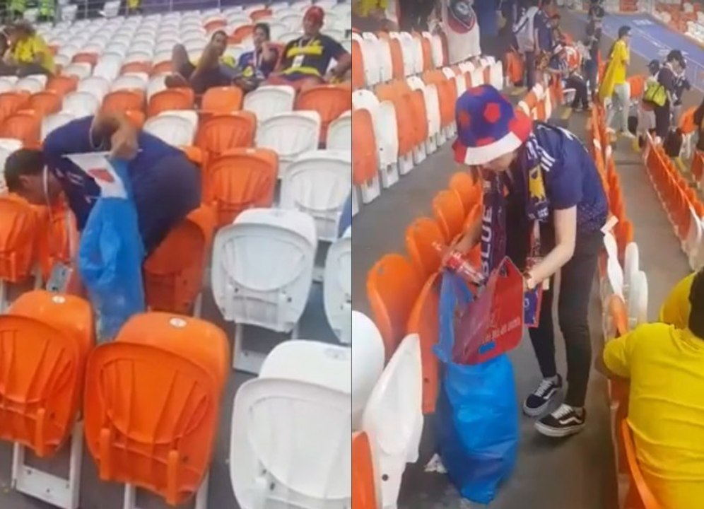 Japoneses limpian el estadio luego del partido con Colombia