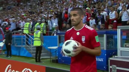 Iran player tries acrobatic throw in and fails