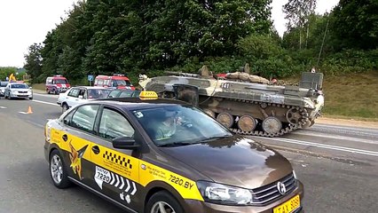 Tank crushes car in Belarus