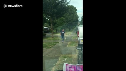 Grown man gets chased by a tiny Pomeranian dog