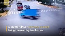 فيديو شاحنتان تصدمان سائق دراجة نارية وهذا هو مصيره