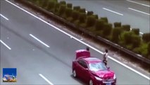 فيديو نجاة زوجين بأعجوبة بعد أن كادت تصدمهما سيارة