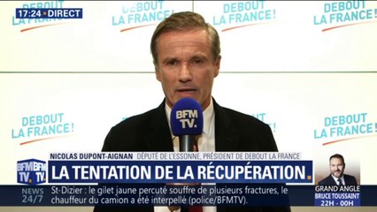 Nicolas Dupont-Aignan se défend de toute récupération: "Je n'ai jamais dit que les gilets jaunes, c'était debout la France uniquement"