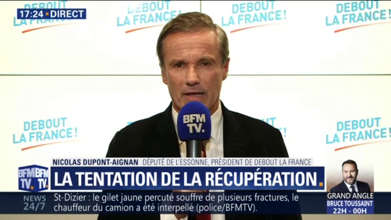 Nicolas Dupont-Aignan se défend de toute récupération: "Je n'ai jamais dit que les gilets jaunes, c'était debout la France uniquement"