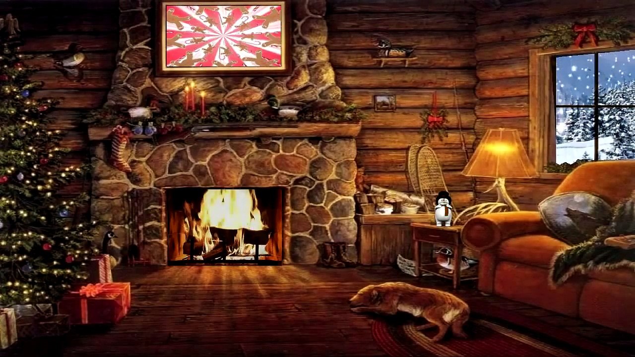 Christmas Cottage with Yule Log Fireplace and Snow Scene