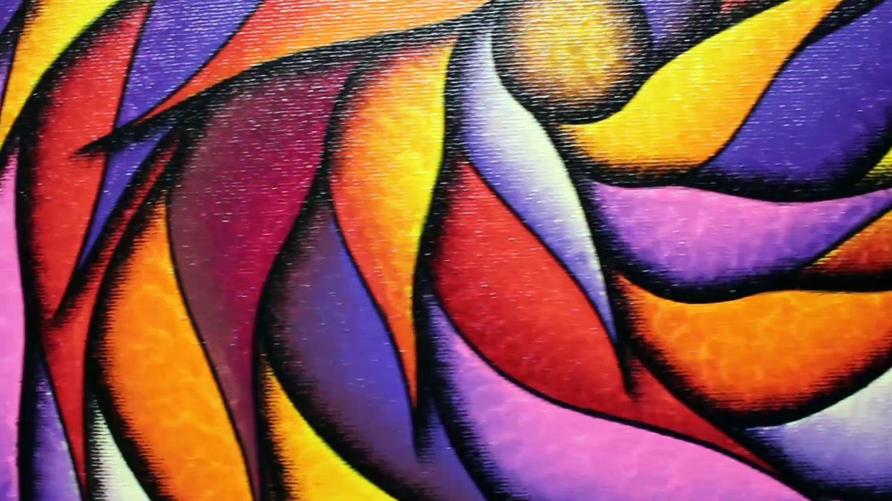 Peinture contemporaine Posca : Spirale rougeoyante et violacée.