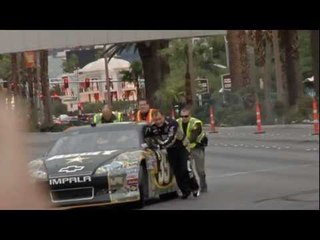 Ryan Newman performs a fiery burnout on the Las Vegas Strip