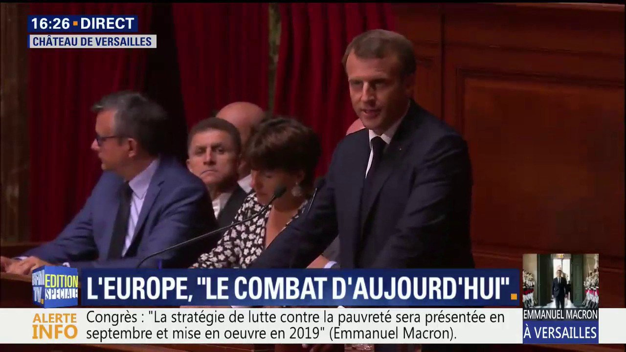 Macron devant le Congrès: "Il faut le dire clairement: la frontière véritable qui traverse l'Europe est celle aujourd'hui qui sépare les progressistes des nationalistes. Et nous en avons pour au moins une décennie."