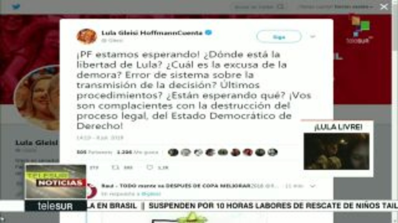 Pdta. del PT cuestiona demora de la puesta en libertad de Lula