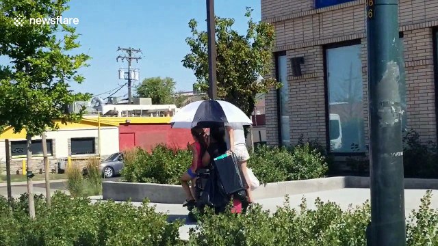 Family avoids sun on a 100-degree day by riding on a motorized wheelchair with an umbrella