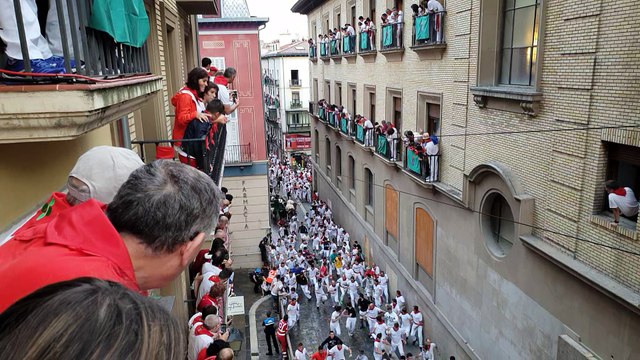 Los toros de Victoriano del Río a su paso por la Plaza del Ayuntamiento en el sexto encierro de los Sanfermines