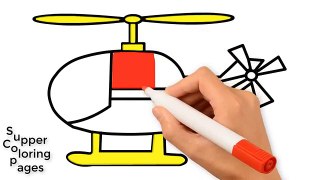 Draw Helicopter Plane Hot Air Balloon and Learn Colors Coloring Pages