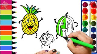 How to Draw Fruits, Pineapple, Watermelon, Strawberry Coloring Pages | Learn Colors for Kids