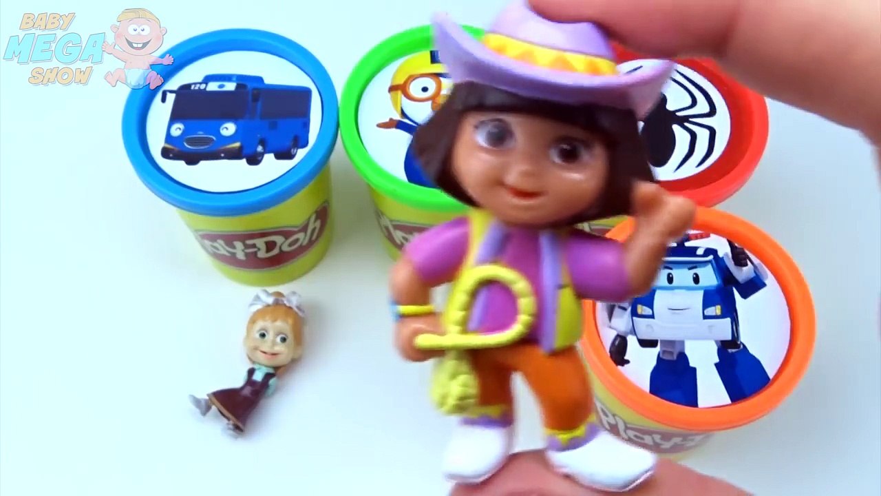 Play Doh Сolored Playing in Cups, Inside lie Toy Pororo Robocar Poli Spiderman Masha Littl