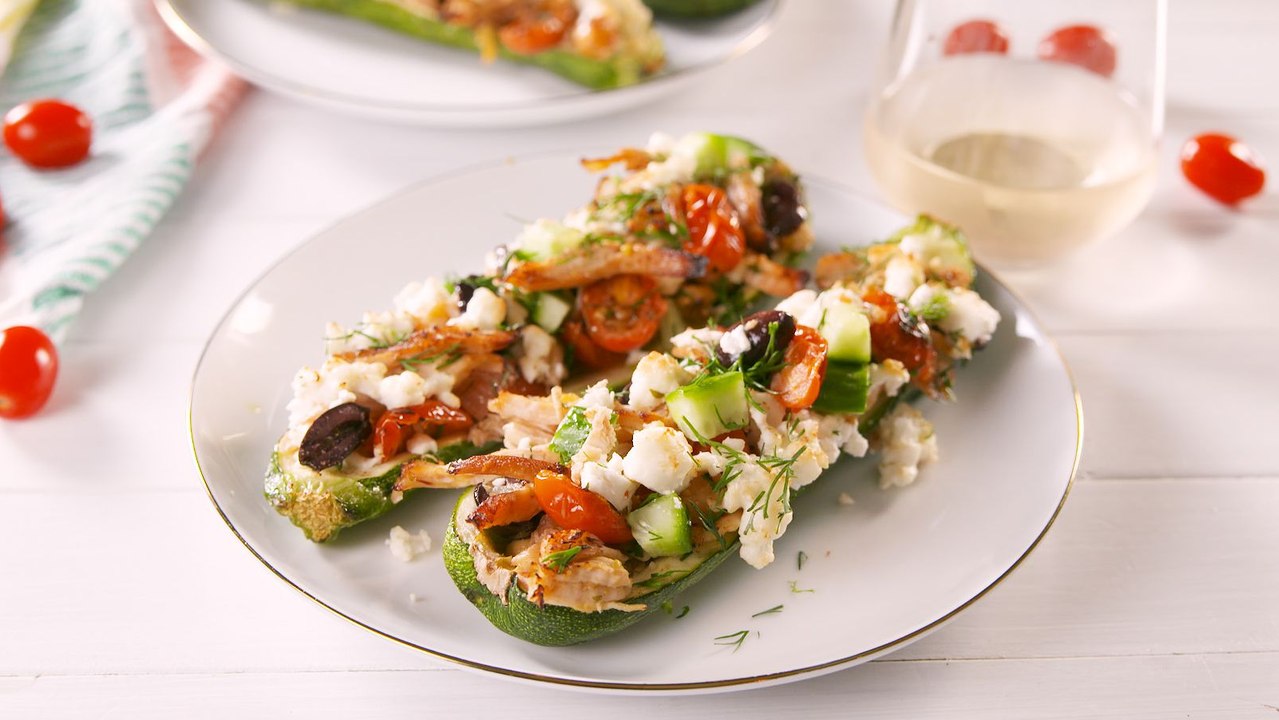 Dinner Tonight: Greek Chicken Stuffed Zucchini!