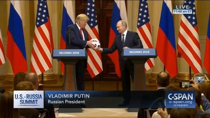 Download Video: Putin Gives Trump Soccer Ball And Trump Throws It To Melania At Press Conference