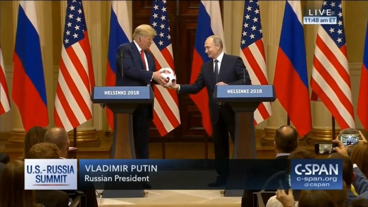 Putin Gives Trump Soccer Ball And Trump Throws It To Melania At Press Conference