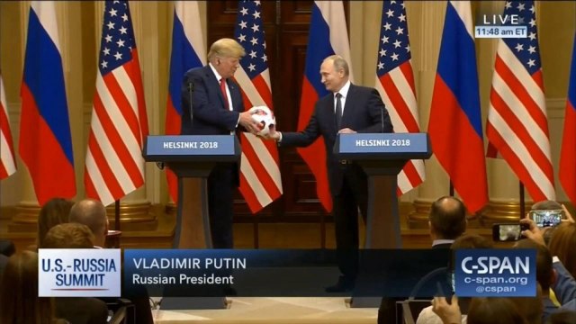 Putin Gives Trump Soccer Ball And Trump Throws It To Melania At Press Conference