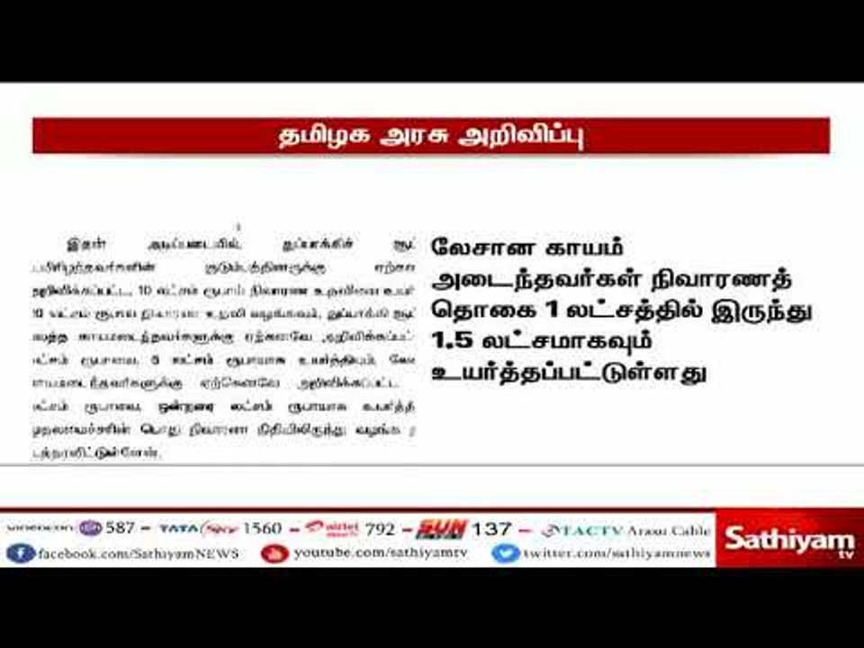 தூத்துக்குடி துப்பாக்கிச் சூடு - நிவாரண தொகை ரூ.20 லட்சமாக உயர்வு - தமிழக அரசு