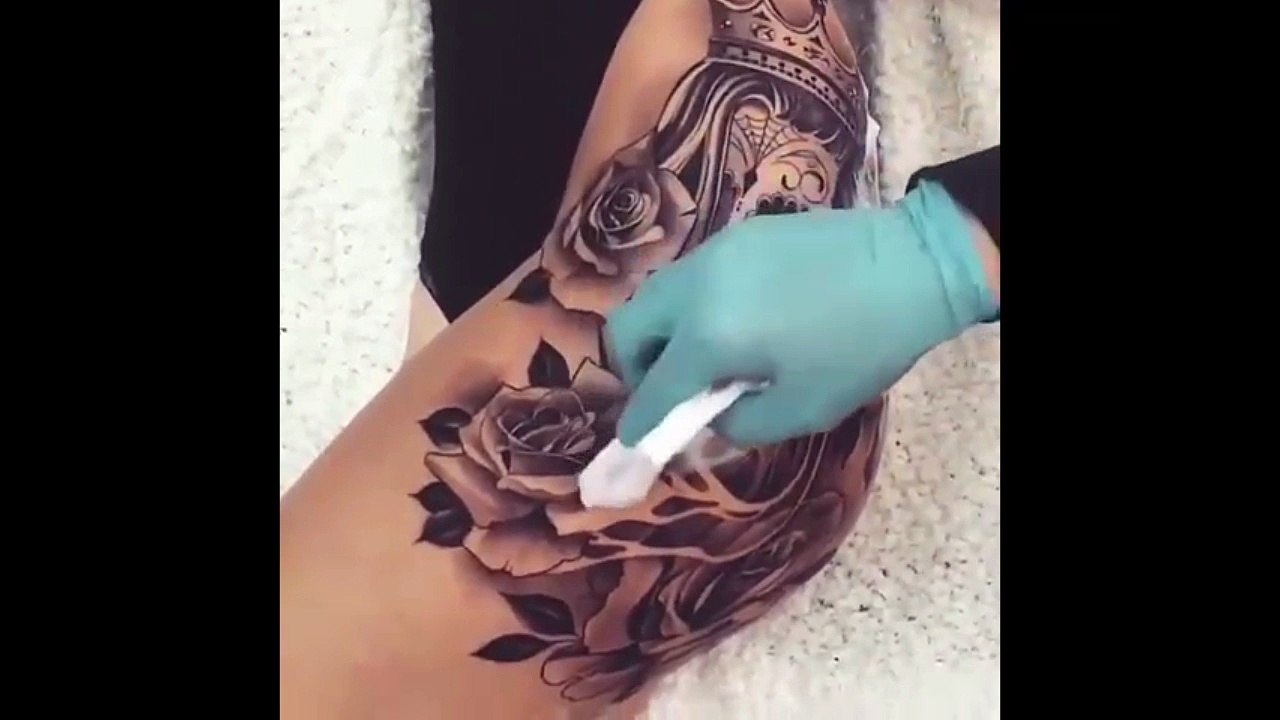 her new thigh tattoo is complete