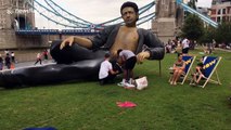 A 25ft half-naked Jeff Goldblum appeared in front of London's Tower Bridge and promptly got damaged