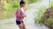 Khmer girl catching fish - Amazing beautiful girl catch fish at the rice field in my village