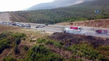 Otoyolda otobüs alev alev yandı 6 kilometrelik araç kuyruğu oluştu