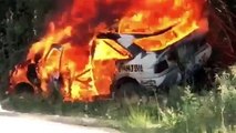 La voiture de Ken Block prend feu pendant un rallye