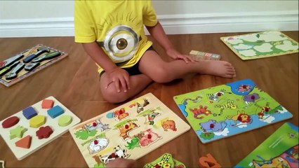 LEARN SHAPES ANIMALS NUMBERS AND COLOR MINIONS WOODEN PUZZLES COLLECTION ABC LETTERS BUILD