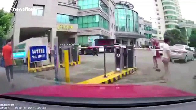 Dashcam captures embarrassing moment boom barrier knocks wig off woman's head