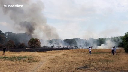 下载视频: Firefighters battle blaze on London's Wanstead Flats