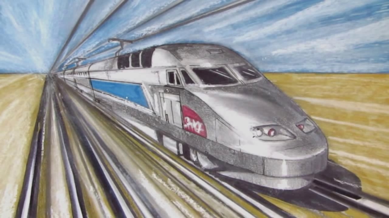 Grand dessin au Lavis - Perspective Voiture SNCF - D.E.V - 1957 - Train
