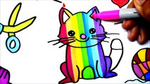 How to Draw and Color Cute Kitty Cat l Rainbow Color Cat Drawing and Coloring For Kids Lea