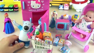 Baby doll clean house with Hello Kitty vacuum machine and cleaning kit toys